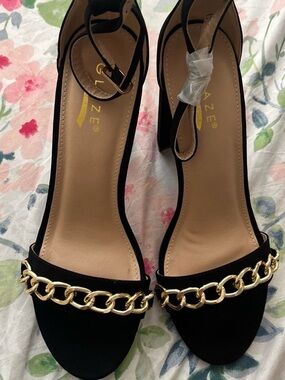 gaze Black Ankle-Strap Heels with Gold Chain Accent